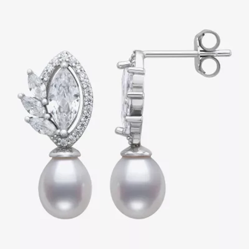 Womens White Cultured Freshwater Pearl Sterling Silver Marquise Drop Earrings