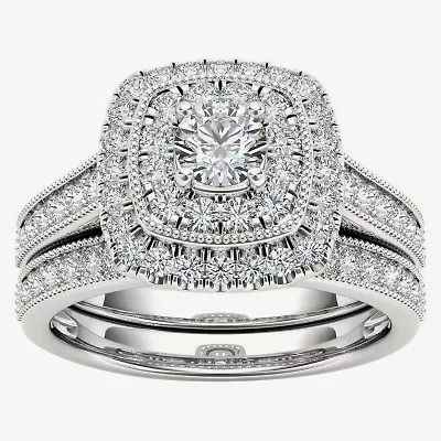 Womens 3/4 CT. T.W. Natural White Diamond 14K Gold Cushion Halo Bridal Set