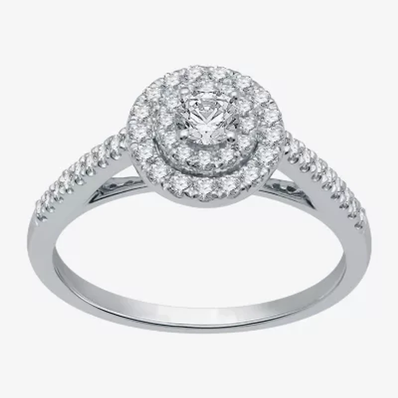 (H-I / I1) Womens 1/2 CT. T.W. Lab Grown White Diamond 10K Gold Side Stone Halo Engagement Ring