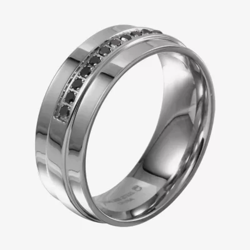 Mens 8MM Diamond Stainless Steel Wedding Band