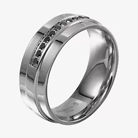 Mens 8MM Diamond Stainless Steel Wedding Band