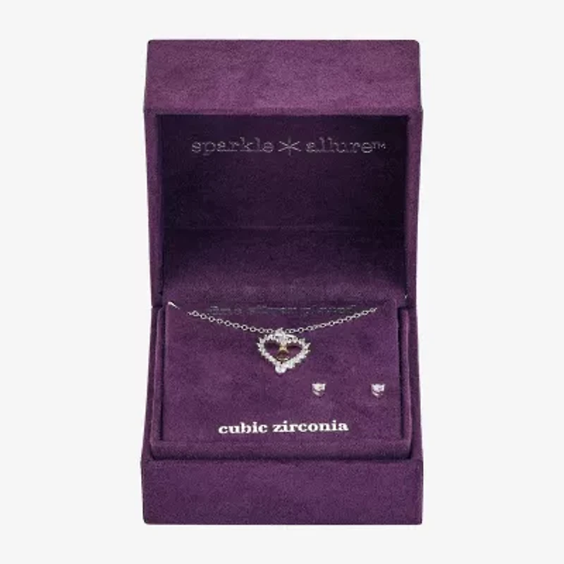 Sparkle Allure Pendant Necklace & Stud Earring Womens Cubic Zirconia Pure Silver Over Brass Heart 2-pc. Jewelry Set