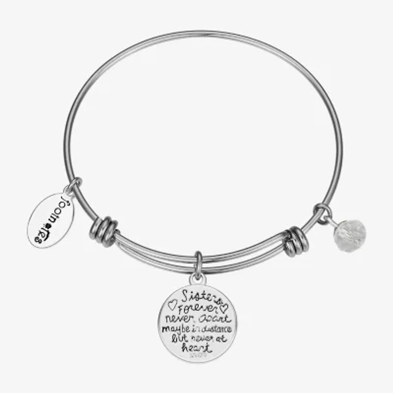 Footnotes Sister Womens Crystal Stainless Steel Flower Round Bangle Bracelet