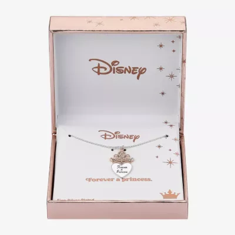 Disney Classics Womens Crystal Pure Silver Over Brass Crown Heart 16 Inch Pendant Necklace