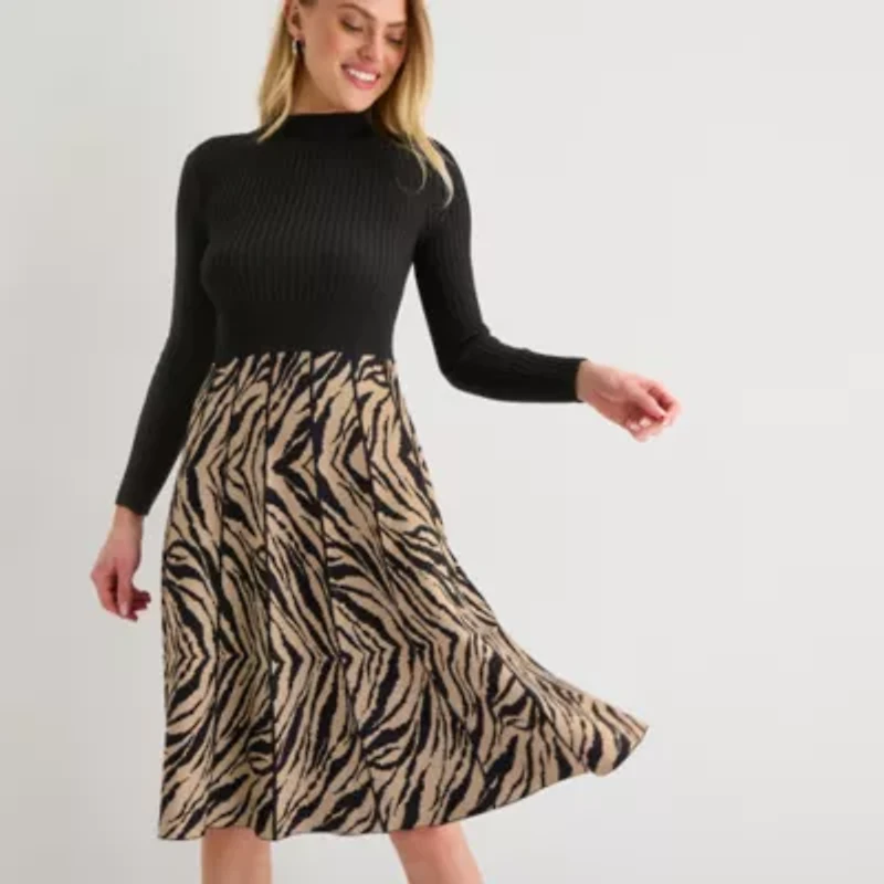 Studio 1 Womens Long Sleeve Animal Sweater Dress