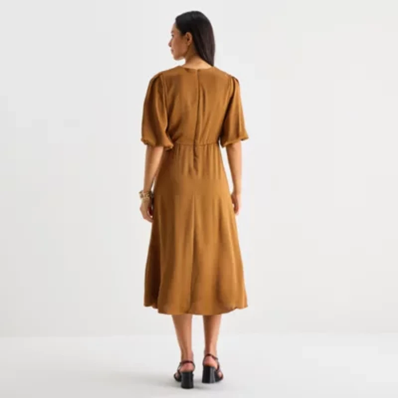 Melonie T Womens 3/4 Sleeve Midi Fit + Flare Dress