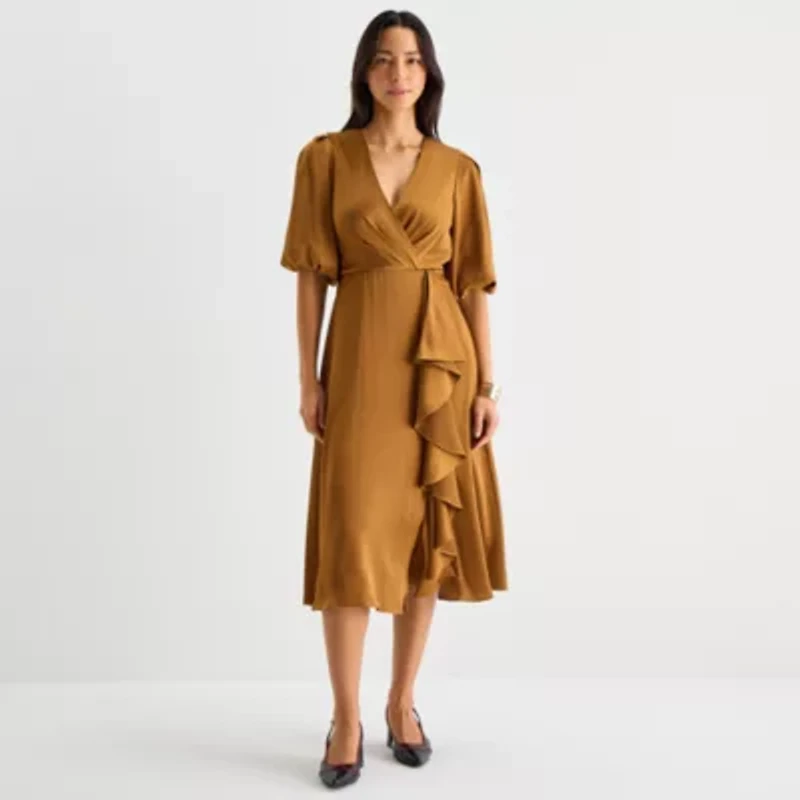 Melonie T Womens 3/4 Sleeve Midi Fit + Flare Dress