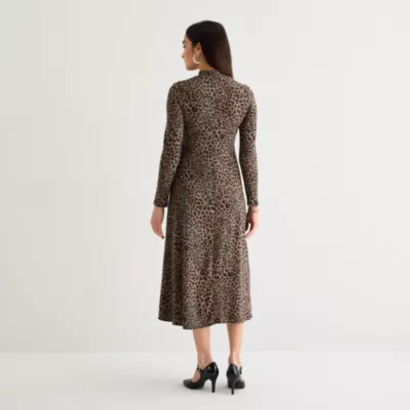 Danny & Nicole Womens Long Sleeve Animal Midi Fit + Flare Dress
