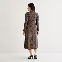 Danny & Nicole Womens Long Sleeve Animal Midi Fit + Flare Dress