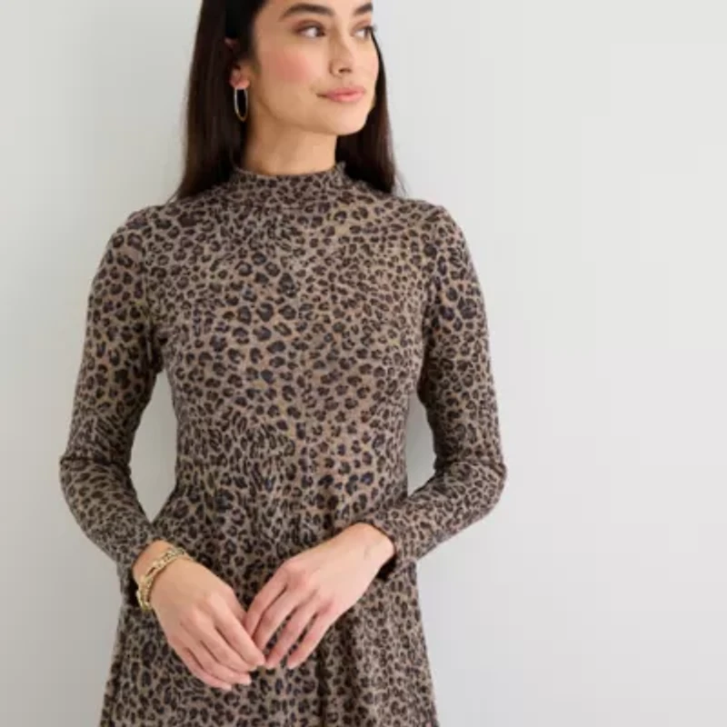 Danny & Nicole Womens Long Sleeve Animal Midi Fit + Flare Dress