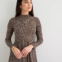 Danny & Nicole Womens Long Sleeve Animal Midi Fit + Flare Dress