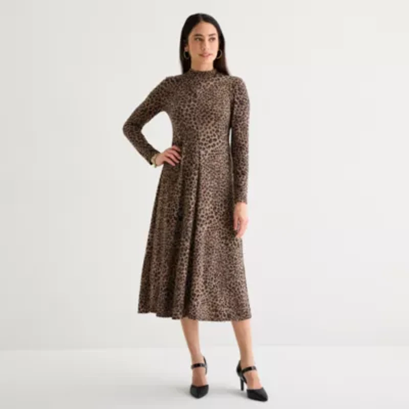 Danny & Nicole Womens Long Sleeve Animal Midi Fit + Flare Dress