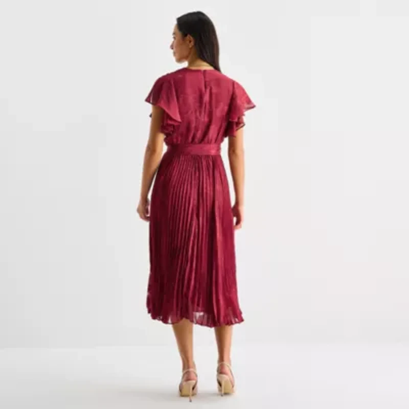 Melonie T Womens Short Sleeve Floral Midi Fit + Flare Dress