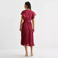 Melonie T Womens Short Sleeve Floral Midi Fit + Flare Dress