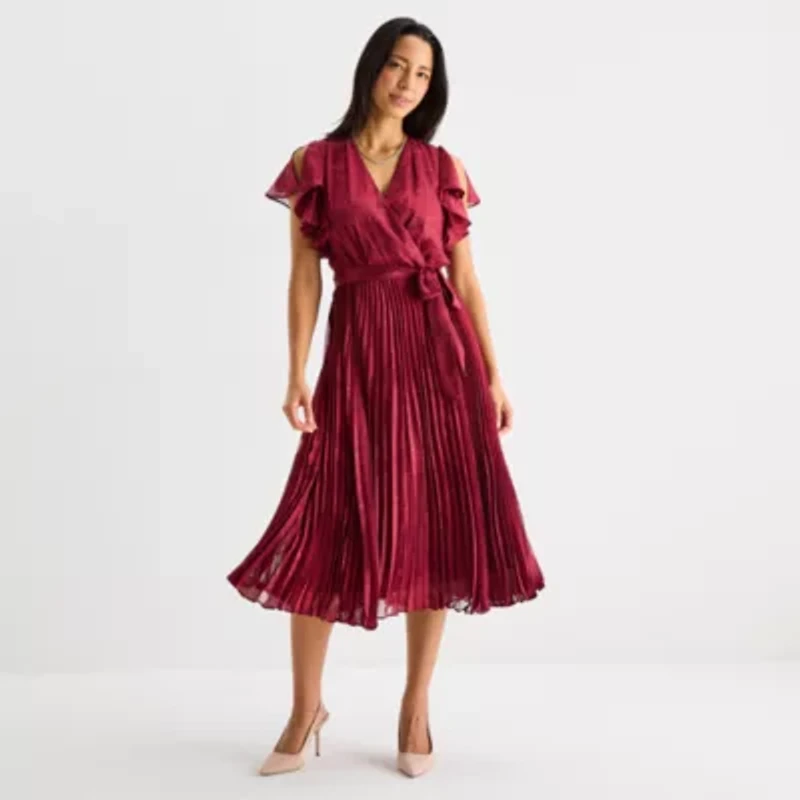 Melonie T Womens Short Sleeve Floral Midi Fit + Flare Dress