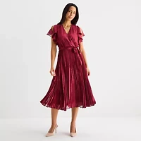 Melonie T Womens Short Sleeve Floral Midi Fit + Flare Dress