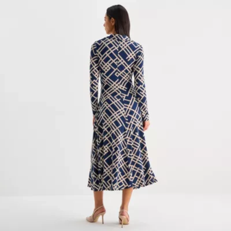Melonie T Womens 3/4 Sleeve Geometric Midi Fit + Flare Dress