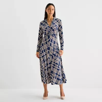 Melonie T Womens 3/4 Sleeve Geometric Midi Fit + Flare Dress