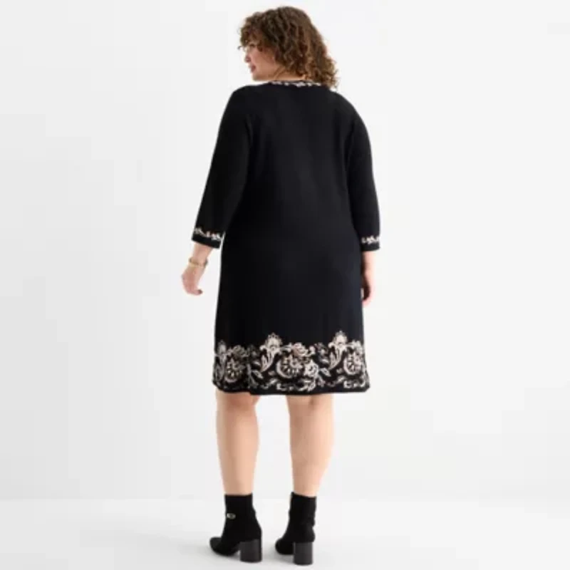 Jessica Howard Womens Plus 3/4 Sleeve Bordered Sweater Dress
