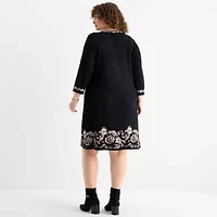 Jessica Howard Womens Plus 3/4 Sleeve Bordered Sweater Dress