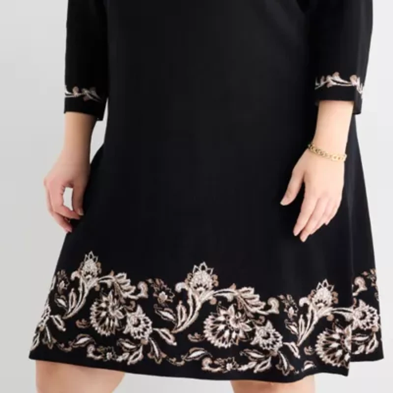 Jessica Howard Womens Plus 3/4 Sleeve Bordered Sweater Dress