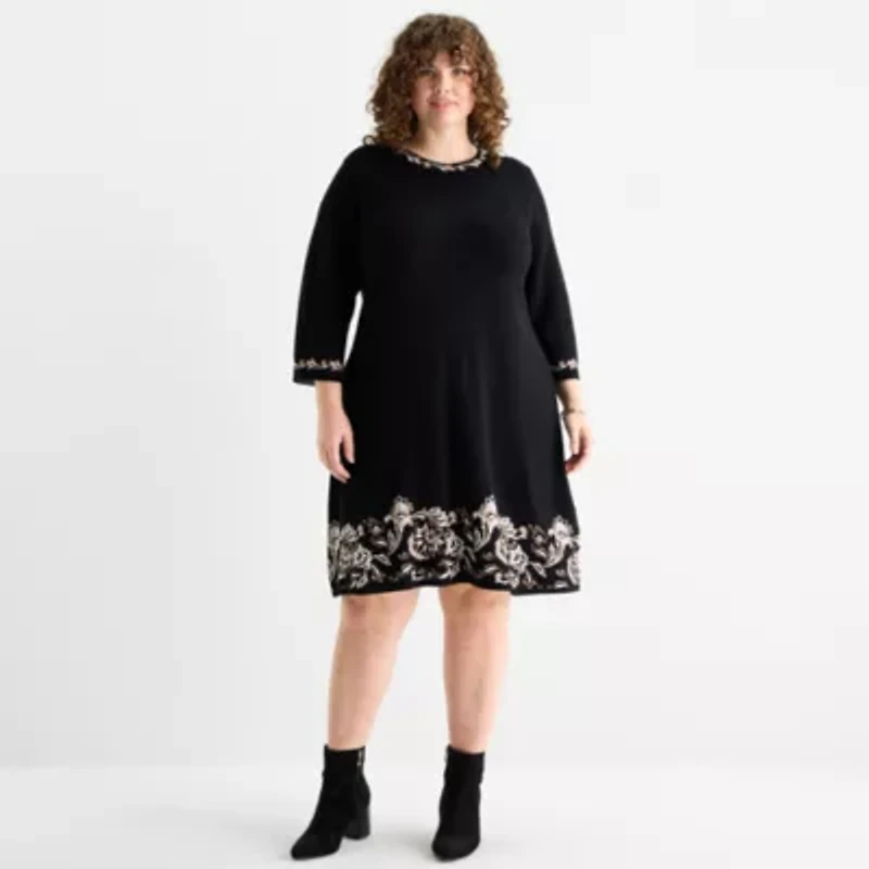 Jessica Howard Womens Plus 3/4 Sleeve Bordered Sweater Dress