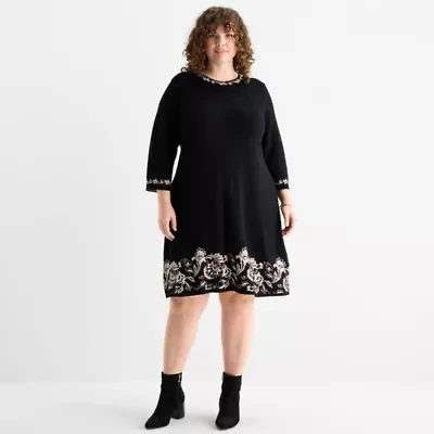 Jessica Howard Womens Plus 3/4 Sleeve Bordered Sweater Dress