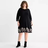 Jessica Howard Womens Plus 3/4 Sleeve Bordered Sweater Dress