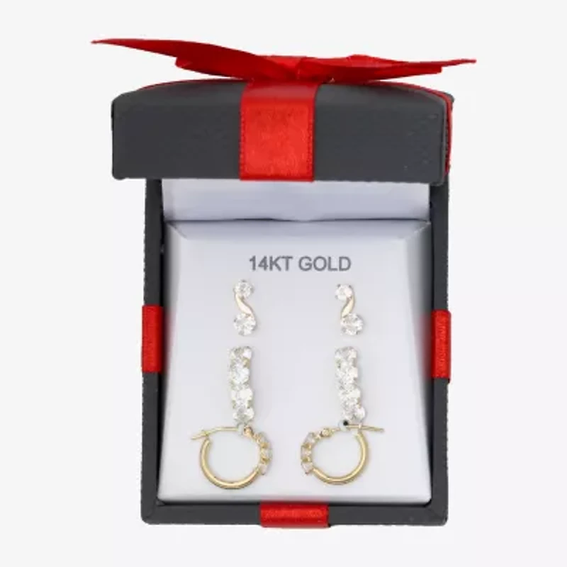 Womens 3 Pair Cubic Zirconia 14K Gold Earring Set