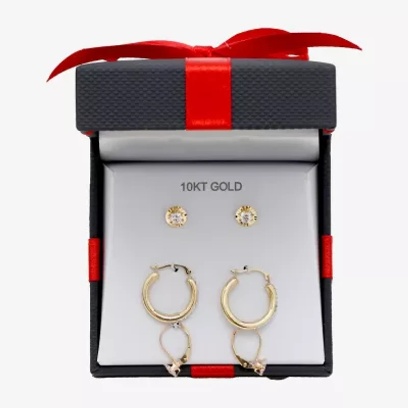 Womens Cubic Zirconia 10K Gold Round 3 Pair Earring Set