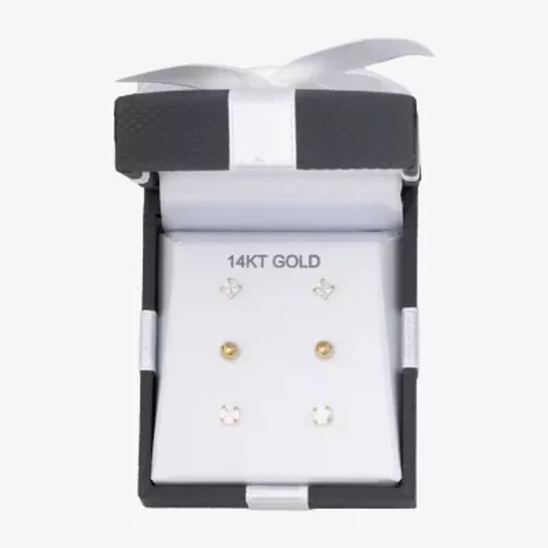 Womens Cubic Zirconia 14K Gold Ball Round 3 Pair Earring Set