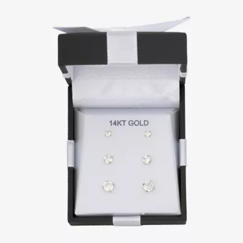 Womens Cubic Zirconia 14K Gold Round 3 Pair Earring Set