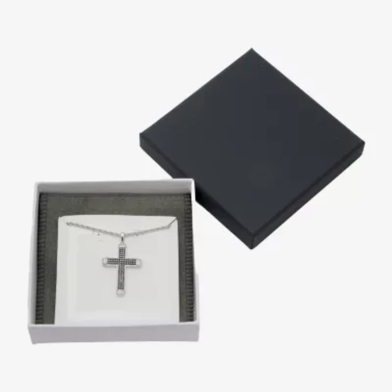 Mens Cubic Zirconia Sterling Silver Cross 24 Inch Pendant Necklace