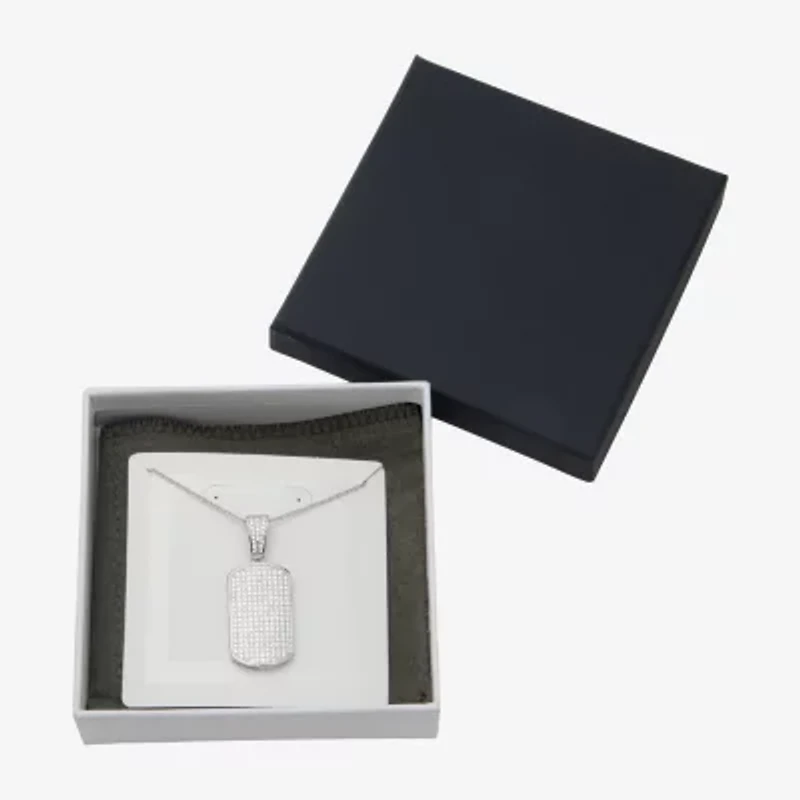 Mens White Cubic Zirconia Sterling Silver Dog Tag 24 Inch Pendant Necklace