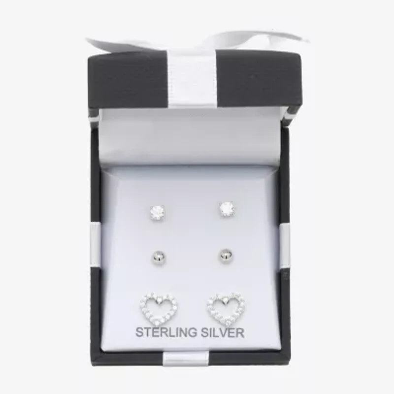Womens Cubic Zirconia Sterling Silver Heart 3 Pair Earring Set