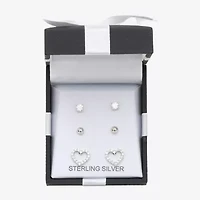 Womens Cubic Zirconia Sterling Silver Heart 3 Pair Earring Set