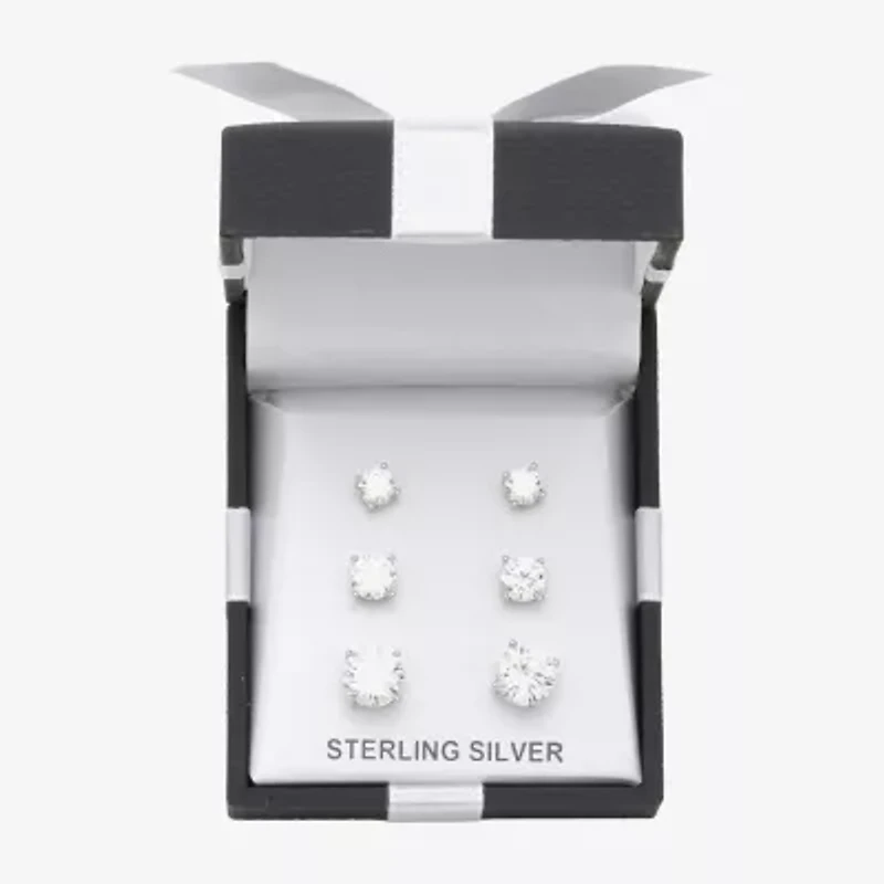 Womens Cubic Zirconia Sterling Silver Round 3 Pair Earring Set
