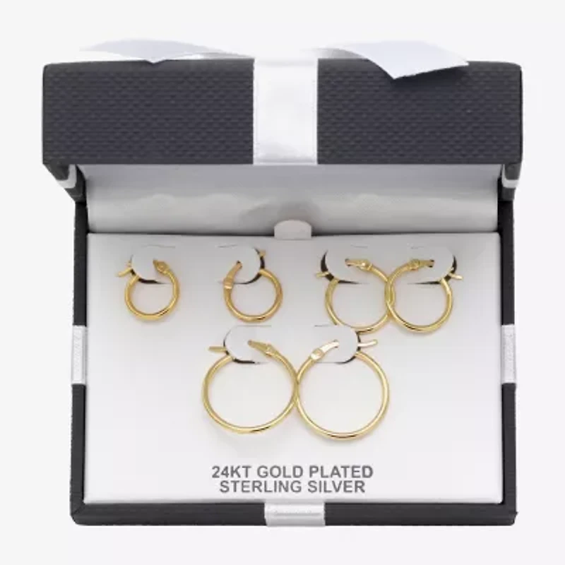 Womens 24K Gold Over Silver Round 3 Pair Earring Set