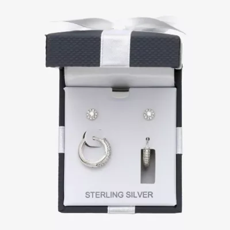 Womens Cubic Zirconia Sterling Silver 2 Pair Earring Set