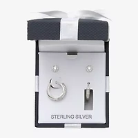 Womens Cubic Zirconia Sterling Silver 2 Pair Earring Set