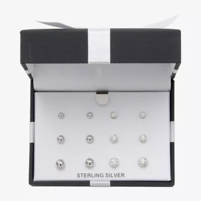 Womens White Crystal Sterling Silver Round 6 Pair Earring Set