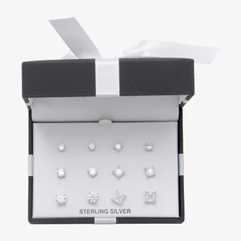 Womens Cubic Zirconia Sterling Silver Round 6 Pair Earring Set