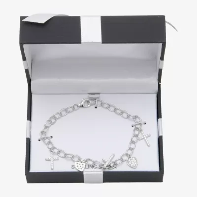 Diamonart Womens Cubic Zirconia Sterling Silver Cross Heart Charm Bracelet