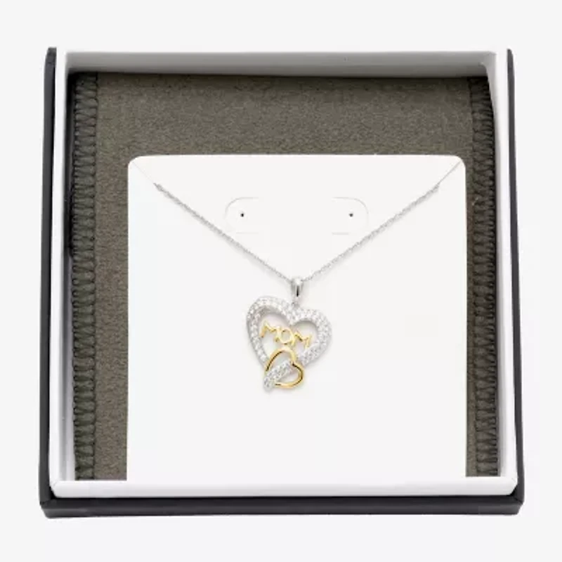 Diamonart "Mom" Womens White Cubic Zirconia Sterling Silver Heart 18 Inch Pendant Necklace