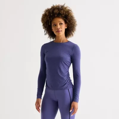 Xersion Womens Everyday Ruched Crew Neck Long Sleeve Quick Dry Active T-Shirt