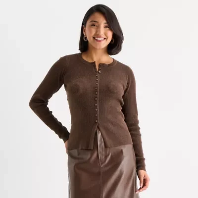 a.n.a Womens Crew Neck Long Sleeve Button Cardigan