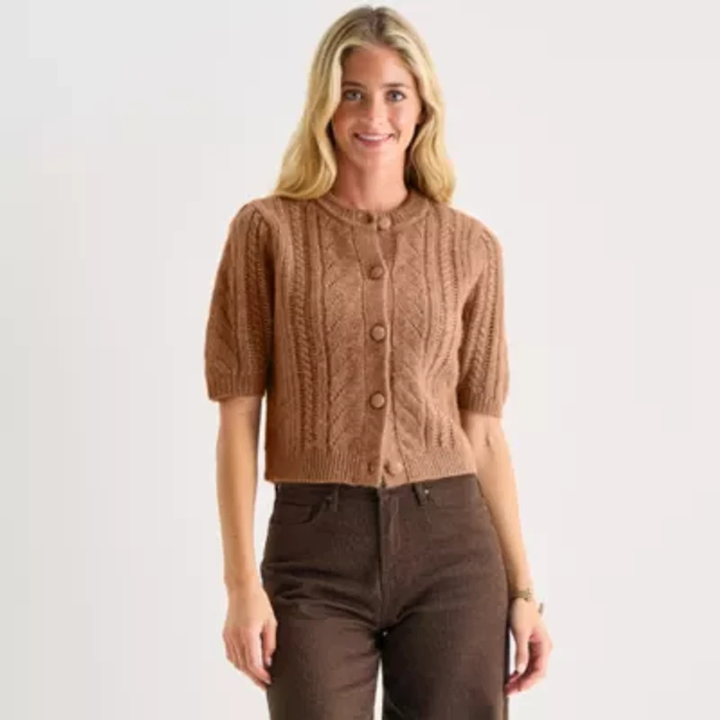 a.n.a Womens Crew Neck Short Sleeve Button Cardigan