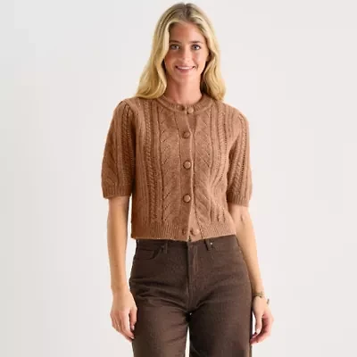 a.n.a Womens Crew Neck Short Sleeve Button Cardigan