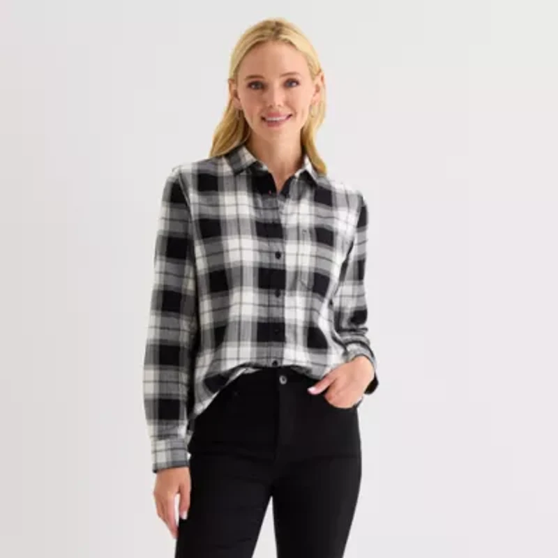 St. John's Bay Womens Cuffed Long Sleeve Relaxed Fit Button-Down Shirt