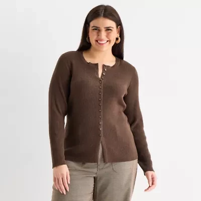 a.n.a Plus Womens Crew Neck Long Sleeve Button Cardigan